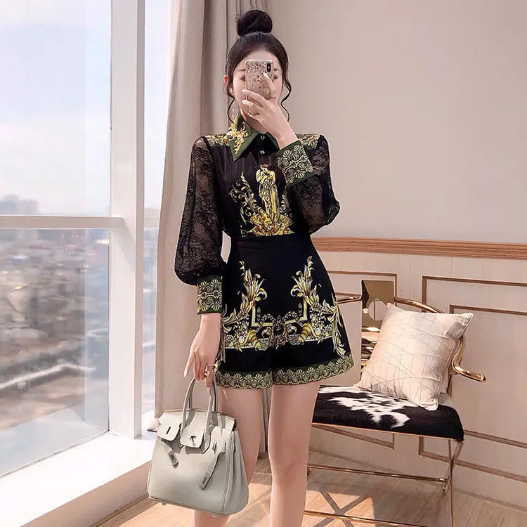 

Celebrity temperament Outfits pants 2020 new women's autumn printed shirt two-piece dark Outfits fried street