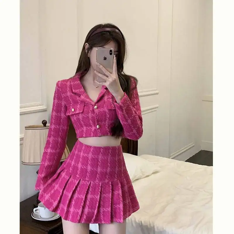 

Women Short Jacket Coat Mini Skirts Sets Sweet 2 Piece Suits Fall Small Fragrance Vintage Tweed Two Piece Set Women Crop Top