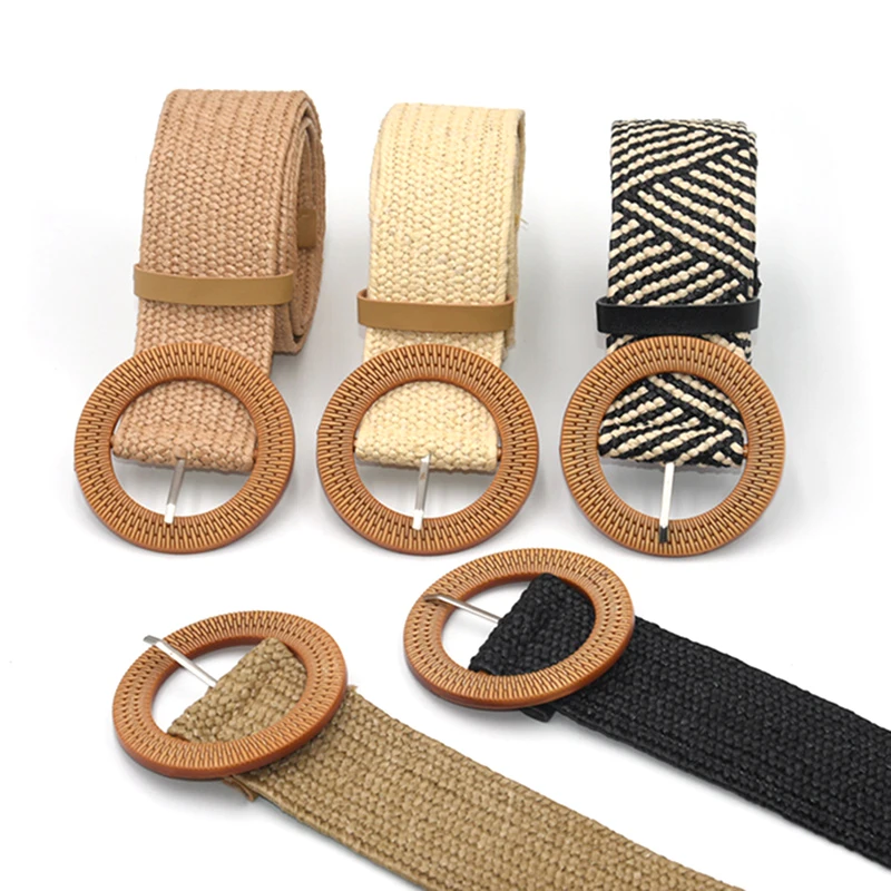 

Summer Women Braided Elastic Belt Round Square Wooden Buckle Vintage Bohe Straw Buckle Belt Women Knitted Belt Dress Belt