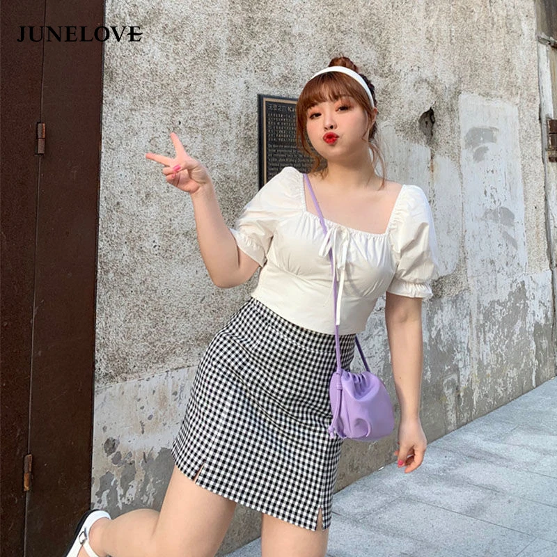 

Женский костюм Bella Philosophy, повседневный костюм из двух предметов, блузка с квадратным вырезом и облегающая юбка в клетку с высокой талией, для лета, размера плюс