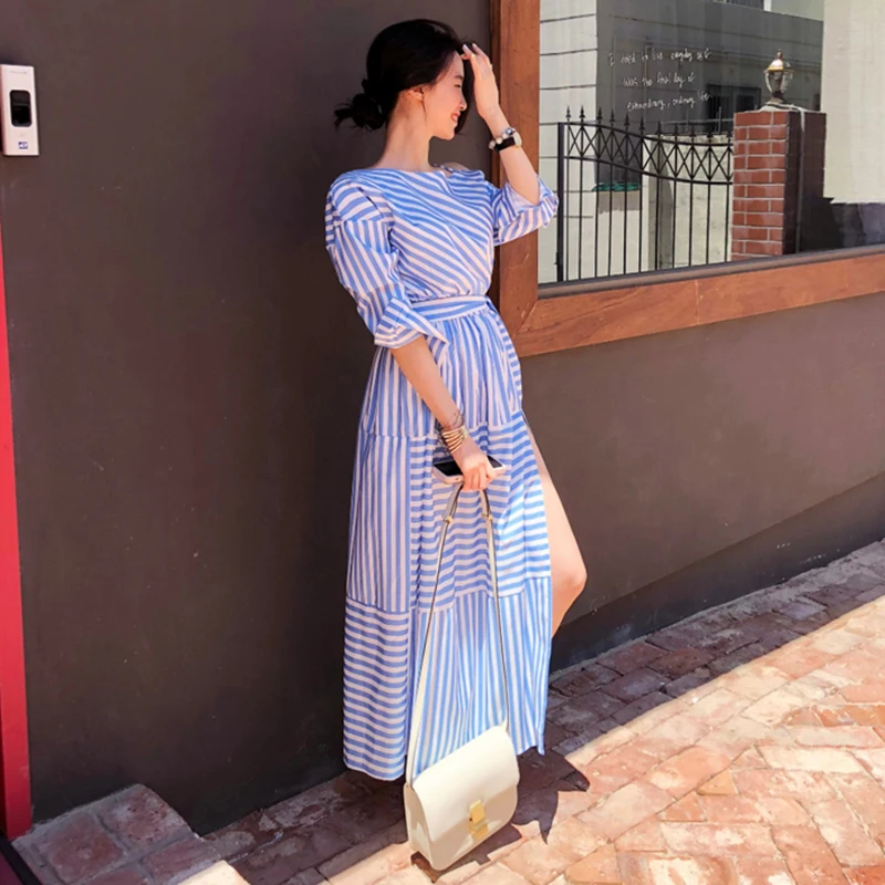 GALCAUR Полосатое кружевное платье для женщин асимметричный воротник с открытыми