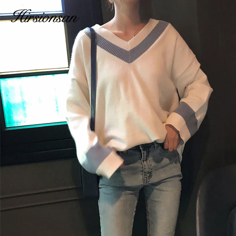

Hirsionsan Sweater Women V-neck Lazy Autumn Winter Knitted Stripe Patchwork Pullovers Soft Loose Jumper Black Women's Clothing