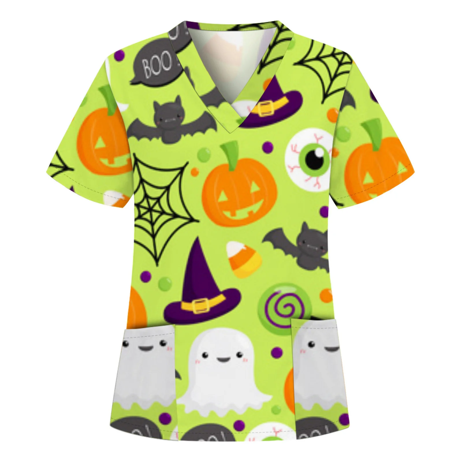 Halloween Scrub Uniform Women Cartoon Medical Uniforms Hospital Scrubs Top V Neck Nursing Shirt Short Dental Clinic Uniforms