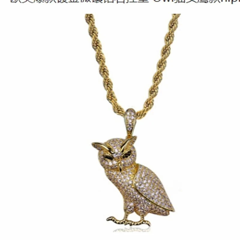 Сова Цепочки и ожерелья латунь золотой лед из микро-Подушка кубический циркон 24