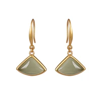 s925 sterling silver gold plated hetian gray jade eardrops light luxury temperament fan shaped womens earrings ear hooks