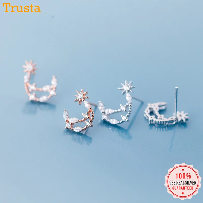 Серьги-гвоздики из серебра 100% пробы с Луной и звездами | Украшения аксессуары