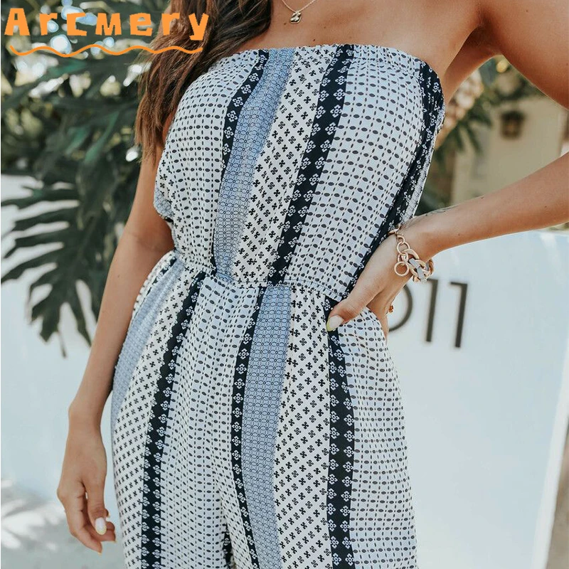 

Women Strapless Printed Wide Leg Jumpsuits