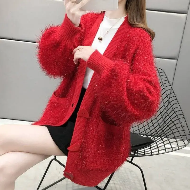 

Women 2020 Autumn Winter Korean Casual Knitted Sweaters Female Fashion Tassel V-neck Cardigans Ladies Lantern Sleeve Outwear S55