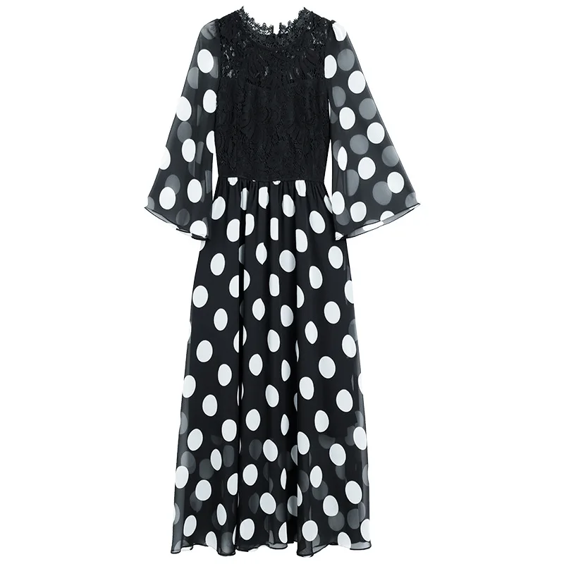 

Long Dress 2021 Spring New Big Polka Dot Gentle Style Wear Match Elegant Flare Sleeve Slimming Dress Dress for Women