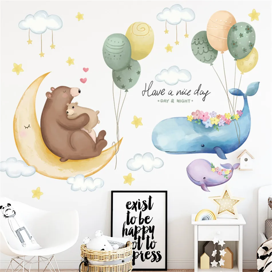 

Zollor Cartoon Wall Stickers for Kids Room Moon Bear Starry Sky Painting Whale Hot Air Balloon Self-adhesive WallPaper Decor