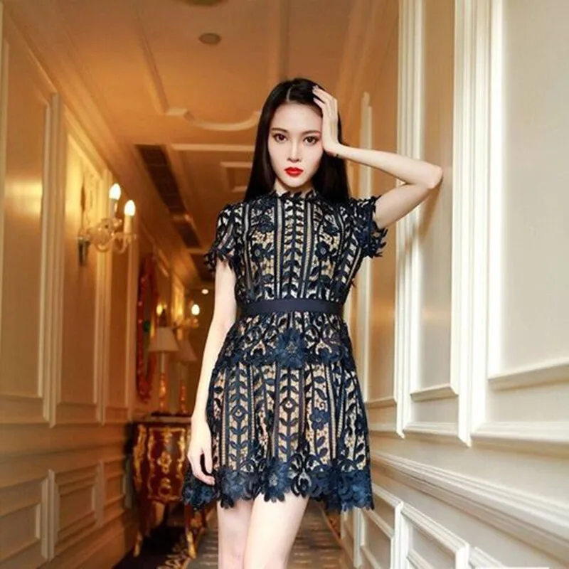 Женское вязаное платье с высокой талией кружевное ажурное в старинном стиле