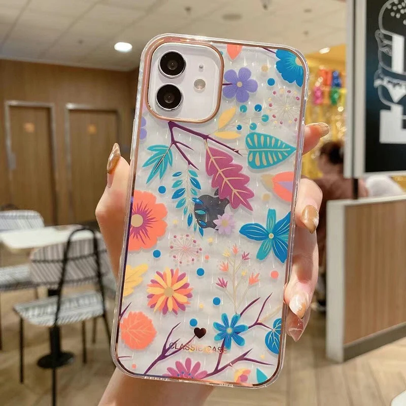 

Luxury Flower Leaves Phone Case For iPhone 11 12 Pro Max XR XS Max 7 8 Plus X Bumper Shockproof Back Cover