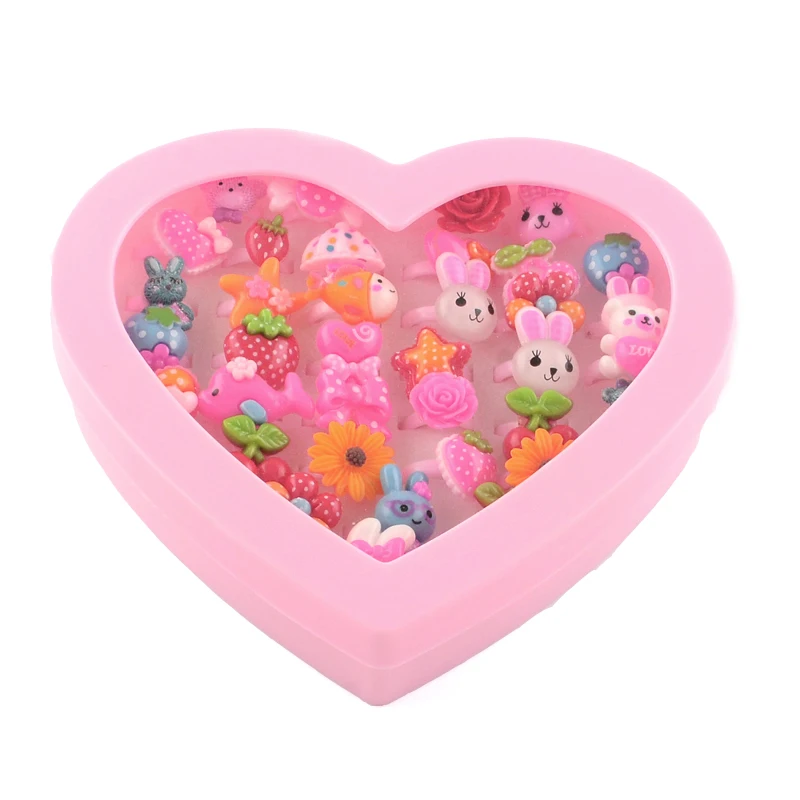 36pcs Per Box 100 шт./кор. милые дети День Святого Валентина ювелирные изделия Пластик Дети Кольца для девочек со смешанными Стиль полимерные Кабошоны, смешанные Цвет, 14 мм - Цвет основного камня: 36pcs Per Box