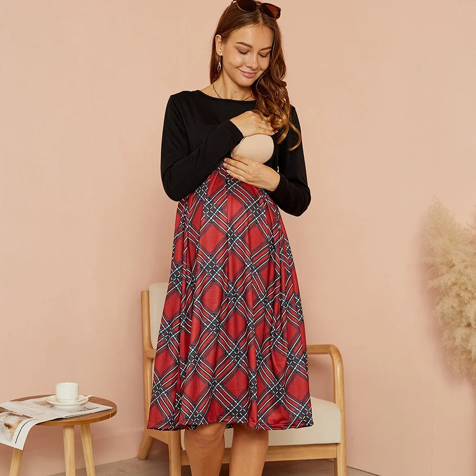 

PatPat 2021 New Arrival Maternity Round collar Plaid full print Midi A Long-sleeve Nursing Dress