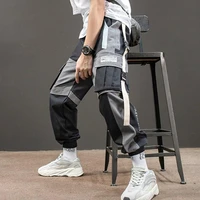 stylish men multi pockets straps patchwork ankle tied long cargo pants trousers