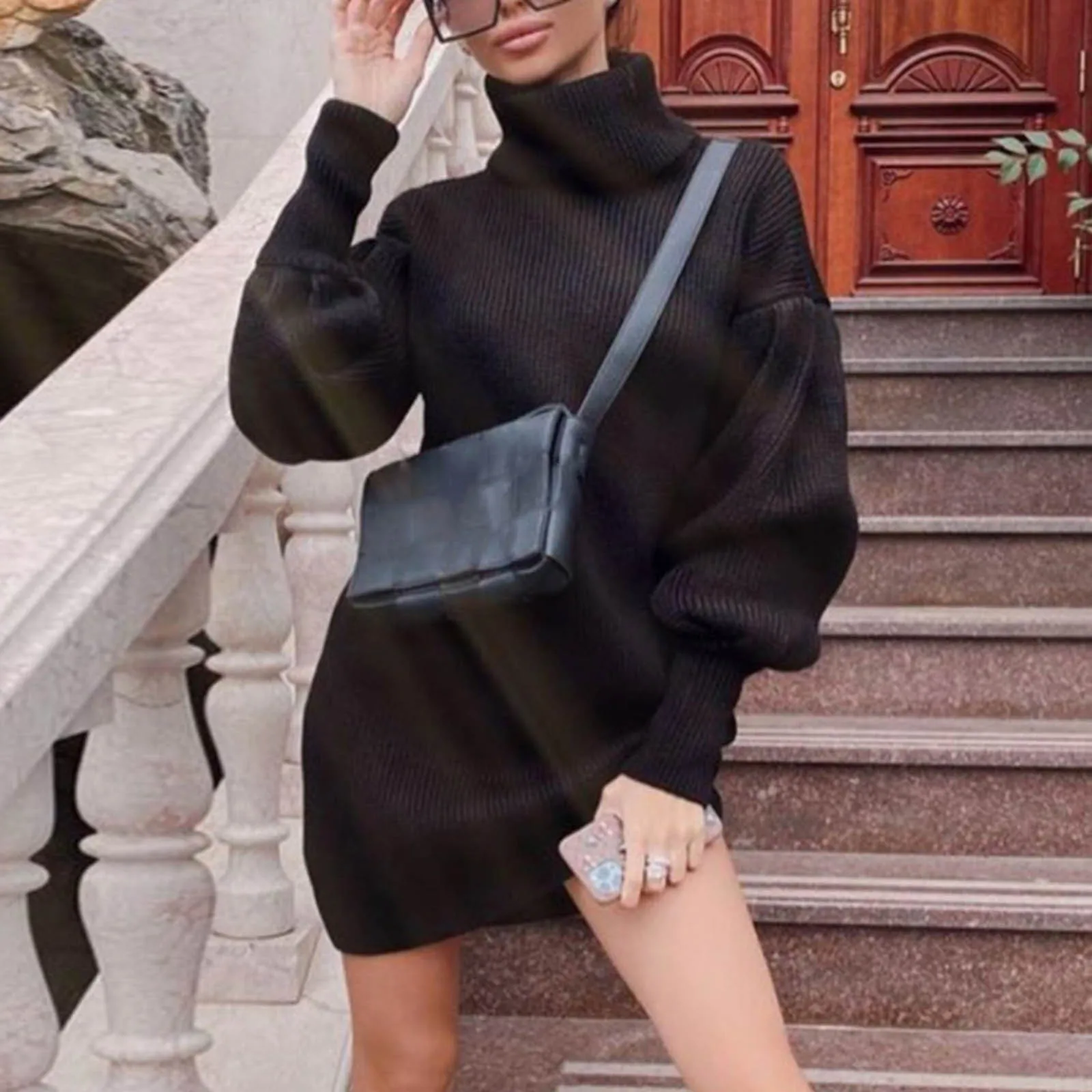 Потяните Hiver Мода свободный свитер для женщин прочный фонарь рукав с высоким