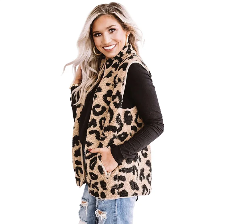 

Womens Sleeveless Vest Autumn Spring Warm Lamb Wool Female Leopard Vests Streetwear Stand Collar Zip-up Waistcoat chaleco mujer