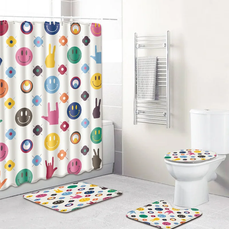 

Funny personality expression curtain 4pcs/set cartoon face exaggerated comedy style shower curtain carpet non-slip foot mat