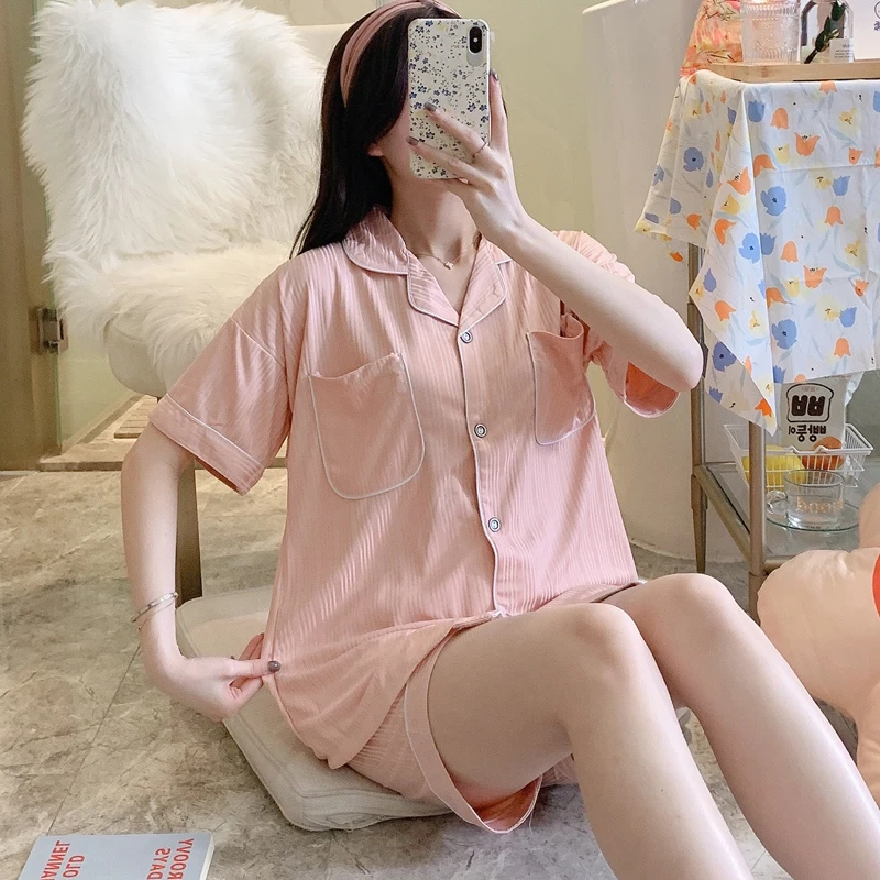 CAIYIER New Sleepwear Women Set Summer Short Sleeve Shorts Turn-down Collar Pajamas Simple Pure Color Girl Cotton Leisure Wear