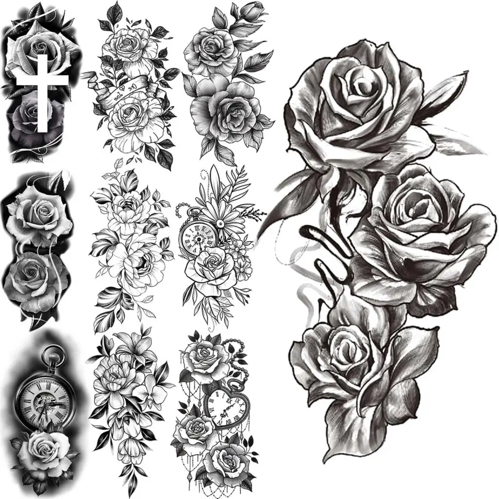 

Black Rose Flower Temporary Tattoos For Women Adults Realistic Dahlia Cross Compass Fake Tattoo Sticker Arm Leg Tatoos Hot Sale