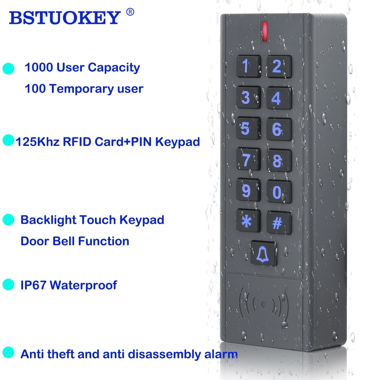 

1000 User IP67 Waterproof Access Control Keypad Outdoor RFID Access Controller Door Opener System EM4100 125KHz Key Card
