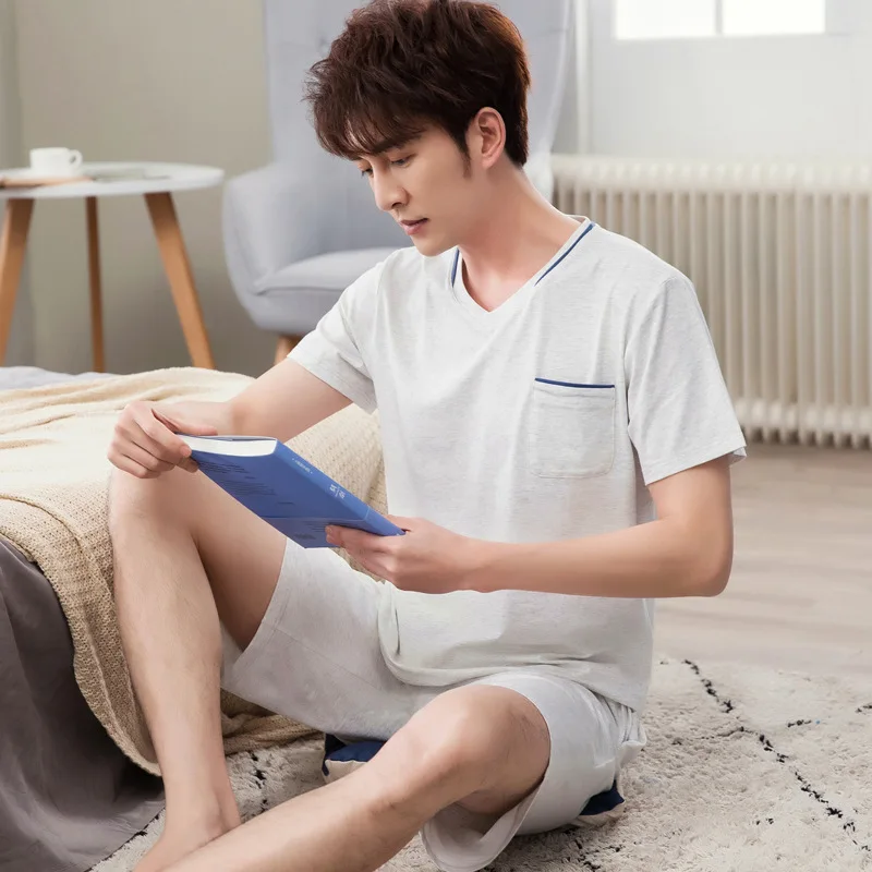 (Top + Pants) Men's short-sleeved pajamas suit casual fashion solid color round neck home clothes can be worn outside 2021