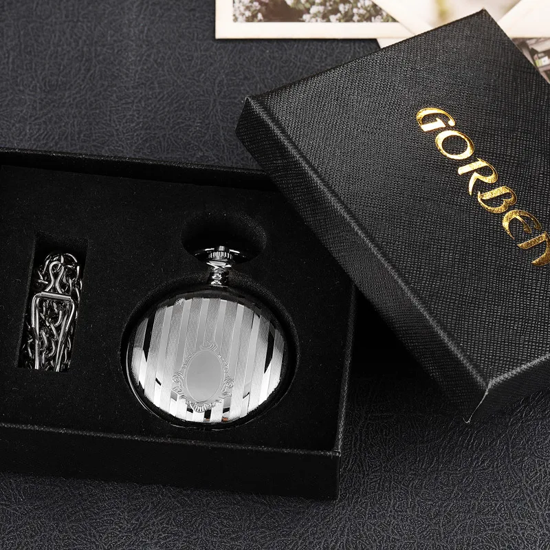 

Luxury Silver Stripe Carved Vintage Mechanical Pocket Watch Double Side Hand Wind Men Women Skeleton Steampunk Chain Fob Watches