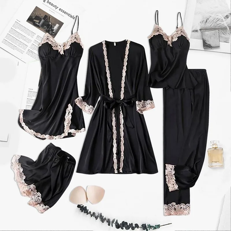 

Lace Patchwork 5PCS Sleepwear Nightgown Kimono Bathrobe Gown Satin Lady Nighty&Robe Suit Sexy Home Clothes White Wedding Robe
