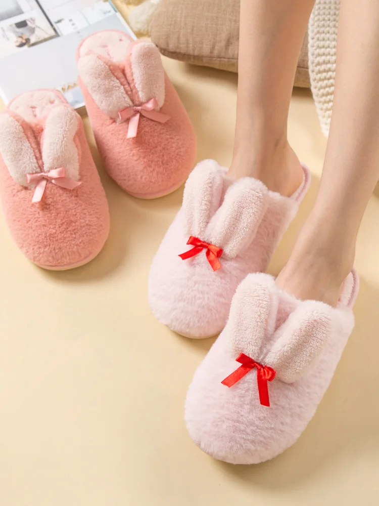 

Famliy/домашние тапочки; Милые теплые плюшевые домашние тапочки с заячьими ушками для девочек; Модные Нескользящие хлопковые тапочки для дево...