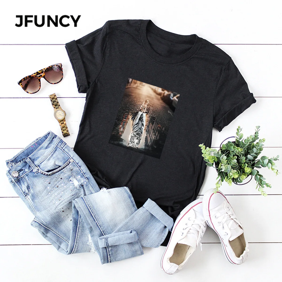 JFUNCY  Women Tops Tiger Print Casual Woman Cotton T-shirt Summer Female Tee Shirt Oversize Short Sleeve Lady Tshirt