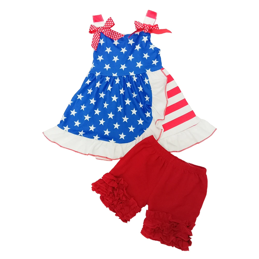 

New RTS Summer Clothing Kids Girls Blue Star Red White Striped 2 pcs Patriotic Boutique Outfit 4th if July Baby Clothing