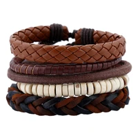 5 pcsset vintage leather wood beads adjustable rope chain bracelet punk braided wrap wristbands men women fashion jewelry