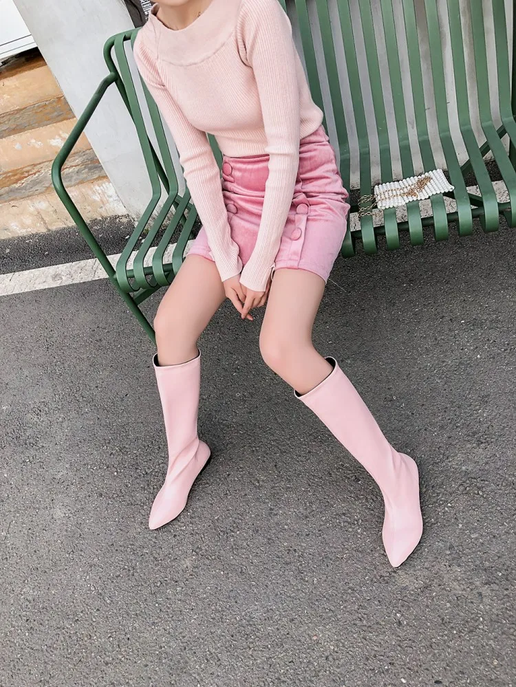 ZawsThia winter autumn yellow purple pink woman boots pointed toe low square heels mid-calf boots for women big size 34-48