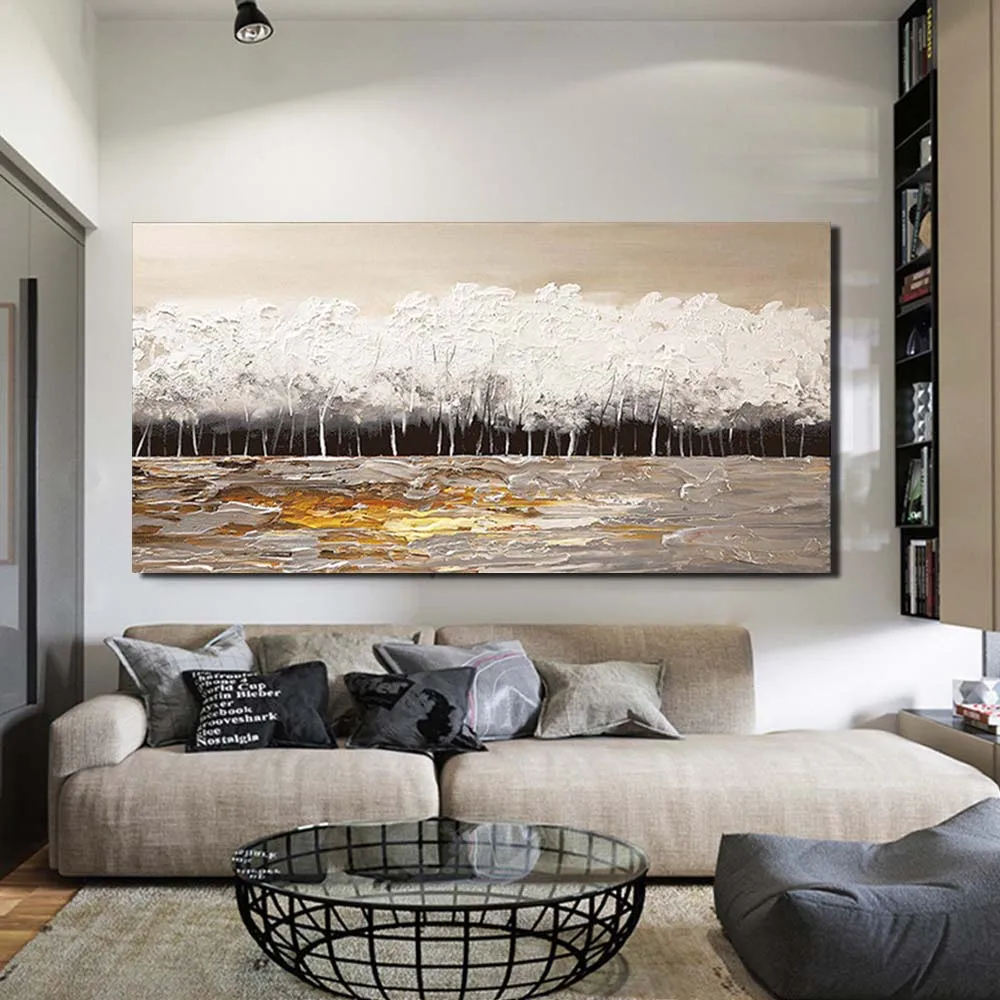 

Hand Painted Impasto Abstract White Forest Landscape Wall Picture Canvas Oil Painting Living Room Home Wall Decor Drop Shipping