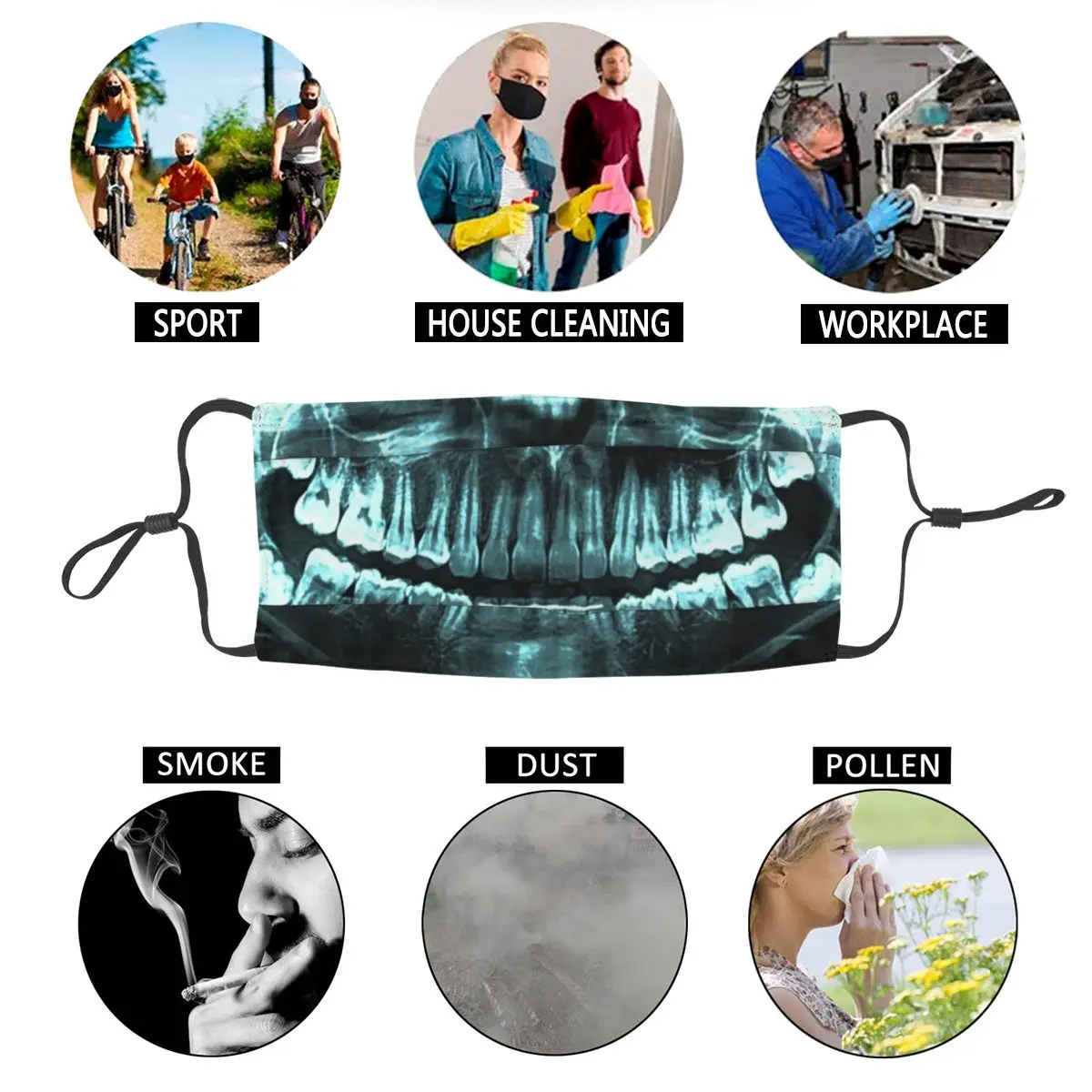 

X Ray Skull Teeth Washable Mouth Face Mask Unisex Adult Tooth Anti Dust Haze Mask Protection Cover Respirator