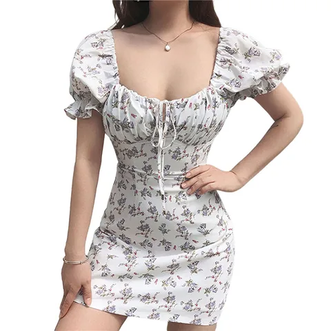Женское платье с квадратным вырезом, летнее приталенное мини-платье с коротким рукавом и цветочным принтом, 2021