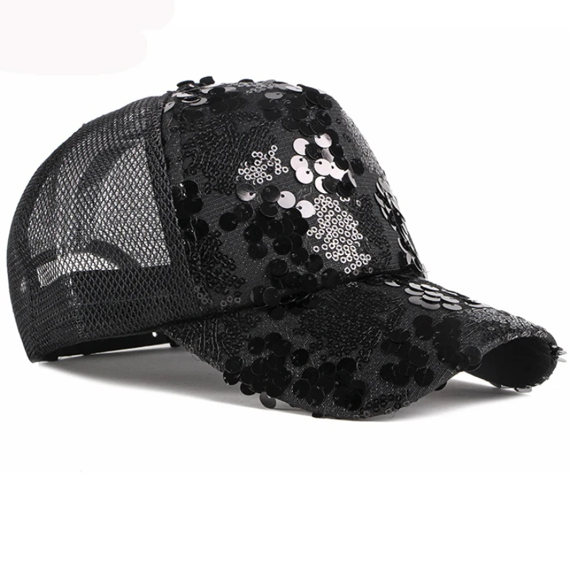 HT3024 Spring Summer Sun Cap Women Sequin Mesh Cap Lady Breathable Baseball Hat Trucker Cap Korea Style Adjustable Baseball Cap