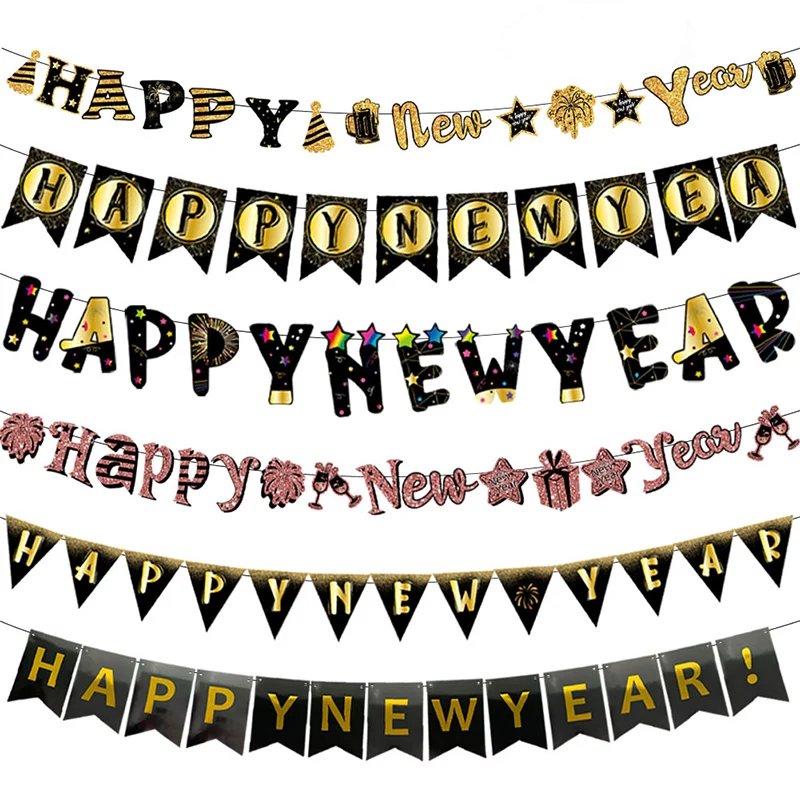 

Happy New Year Letter Banner Black Gold Beer Paper Bunting Garlands Flags New Year Eve Party Decoration Pull Flags Supplies