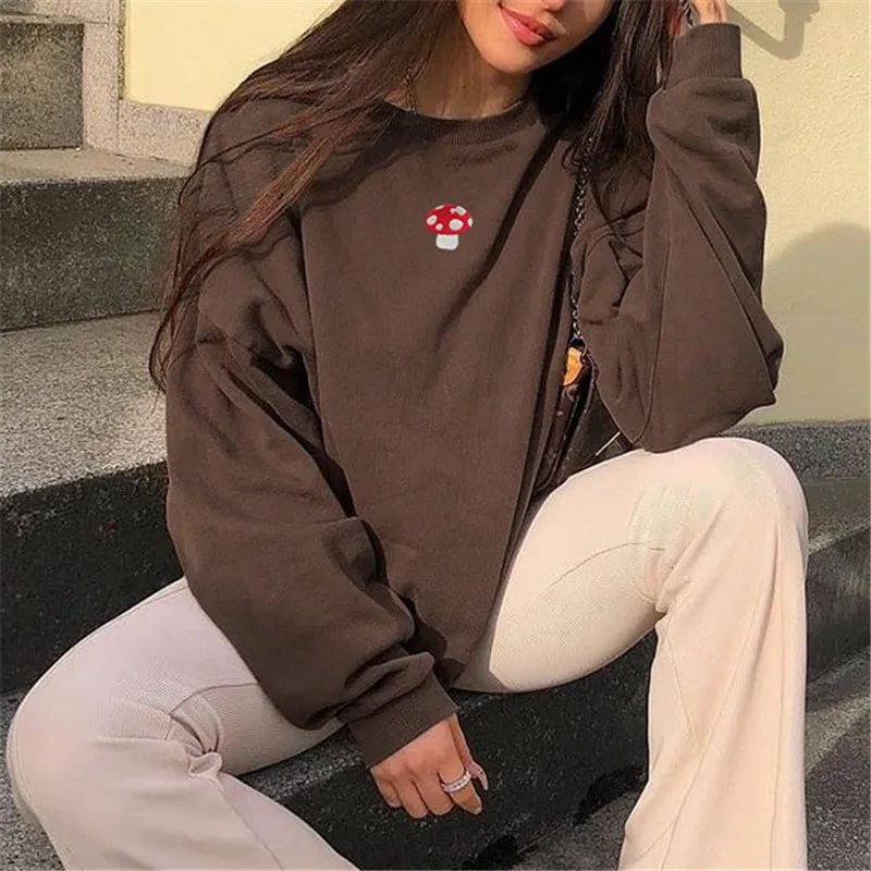 

DEWADBOW Women Hoodies 2021 Spring Autumn Cute Mushroom Print Long Sleeve Fleece Inside Korean Loose Brown Pullover Sweatshirts