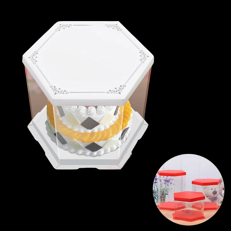 Шестигранная круглая прозрачная коробка для торта с принтом бабочка