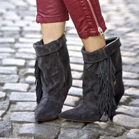 womens black suede fringe boots ankle pointed toe height increasing cone heels wedge boots tassel runway boots