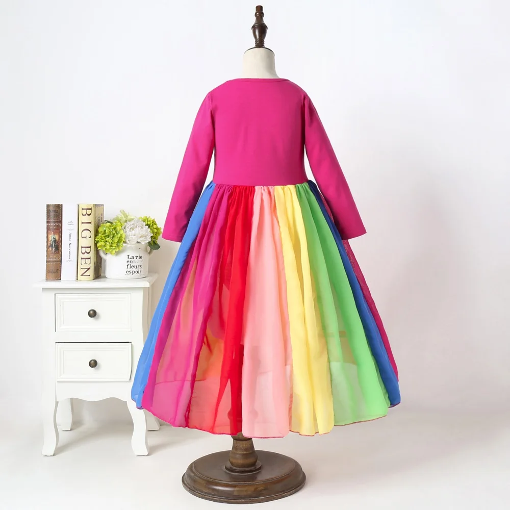 Новая мода осень зима Радуга длинный рукав хлопок цвет блок милый Девочка Хлопок Платья для вечеринок детей принцесса платье для девочек