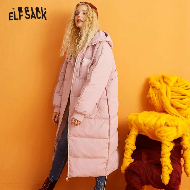 Женский кожаный пуховик с капюшоном ELFSACK розовый однотонный в стиле пэчворк