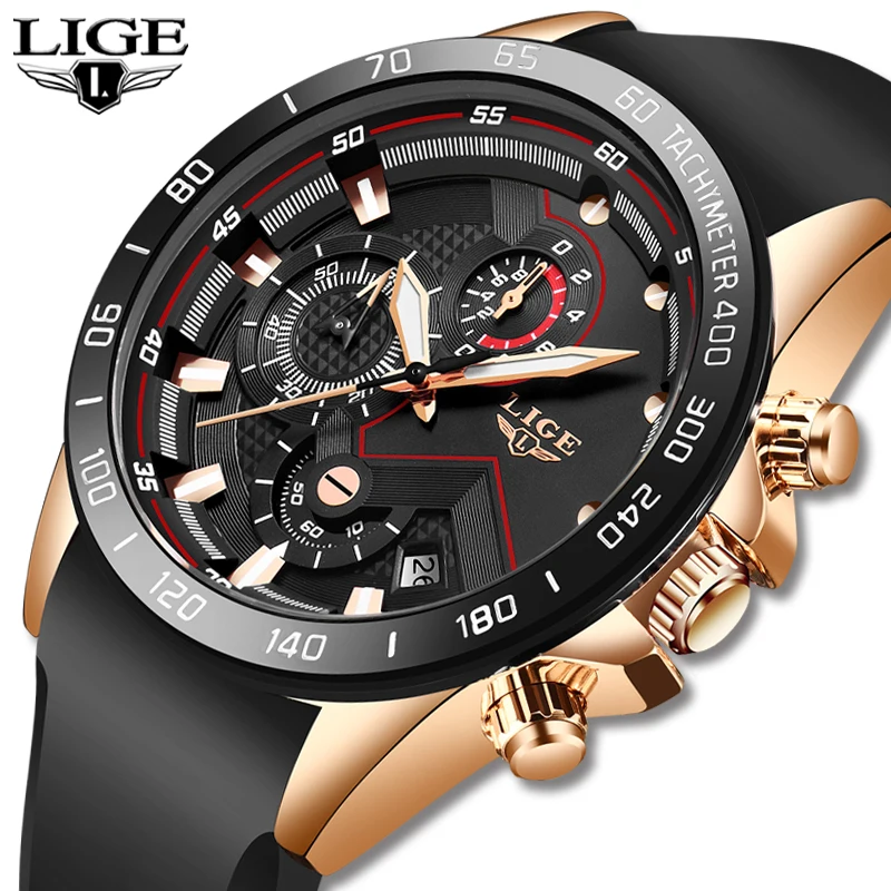 Часы наручные LIGE мужские с кожаным ремешком модные брендовые Роскошные
