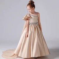 real photos champagne satin ball gown flower girl dresses one shoulder girl princess wedding party dress