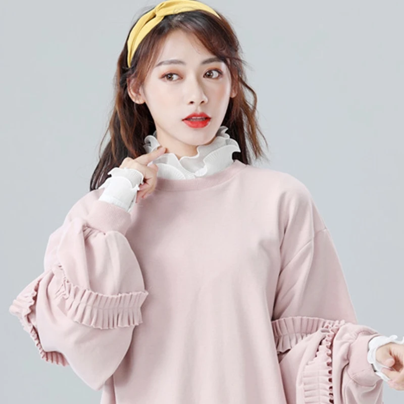 

Women 2Pcs Ruffled Stand False Collar Half Shirt with Fake Cuffs Wristband Set R2LE