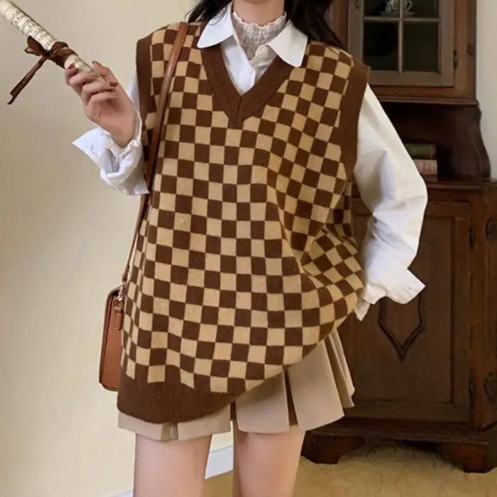 

V Neck Knitted Sweater Vest Women Sleeveless Oversized Pullover Houndstooth Vintage Fall Waistcoat Sweaters Female