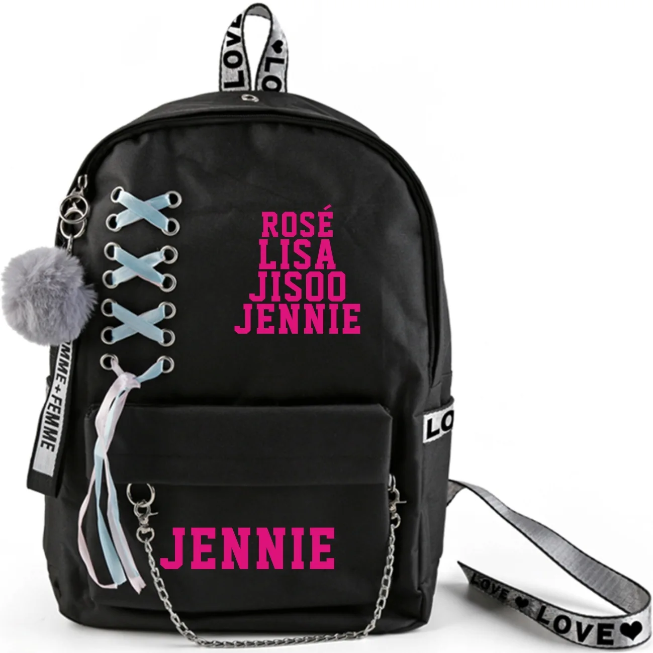 JENNIE-1 Kpop Черный розовый рюкзак большой емкости школьная сумка с перекрещенной лентой плюшевый шар кулон Travel JENNIE JISOO Лиза Роза дорожная сумка - Цвет: JENNIE-1