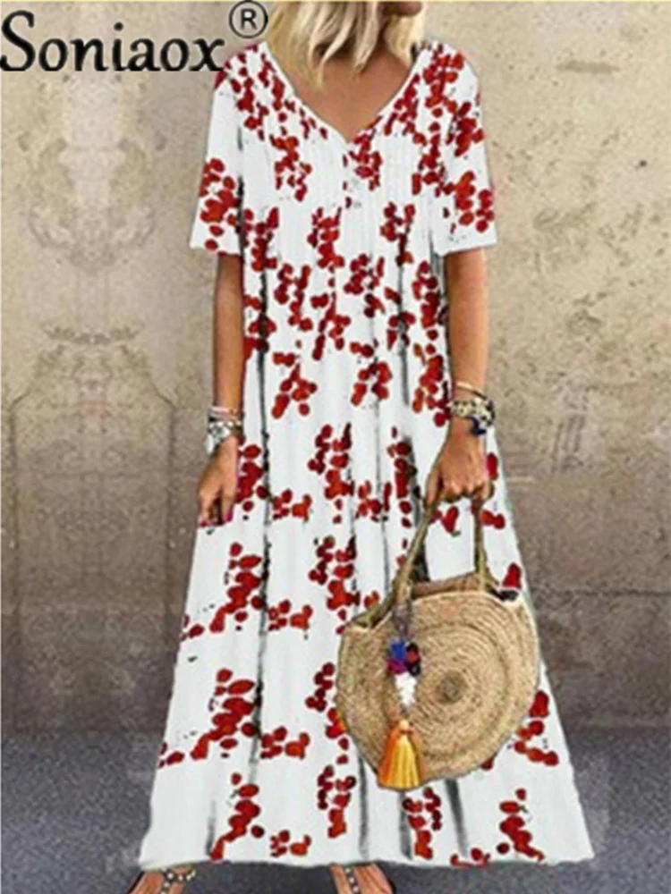 

2021 Women Sundress Bohemian Floral Print Beach Maxi Dress Vintage V Neck Short Sleeve Oversized Dresses Femme Kaftan Vestido