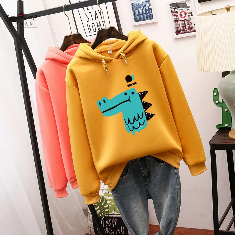 

Women Streetwear Harajuku Cartoon Crocodile Hoodies Autumn Long Sleeve Pullovers Casual Drawstring Female Sweatshirt 2020 New